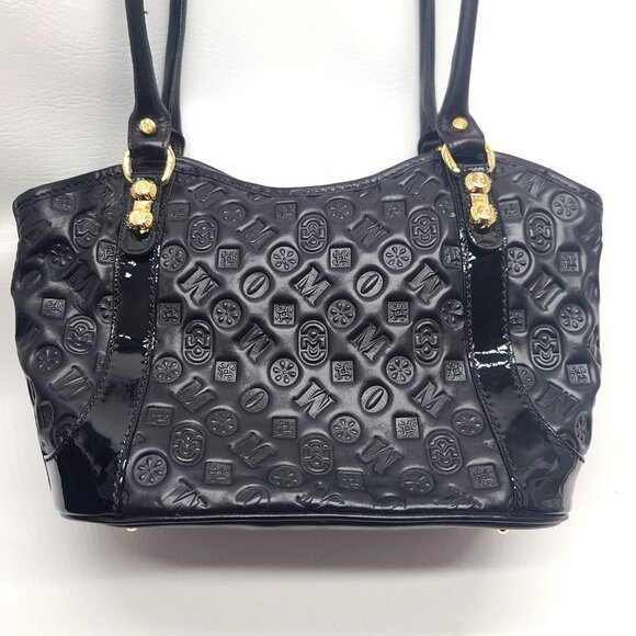 Marino Orlandi Black Embossed Leather Satchel Shoulder Bag Goldtone Zipper Italy - Picture 2 of 16